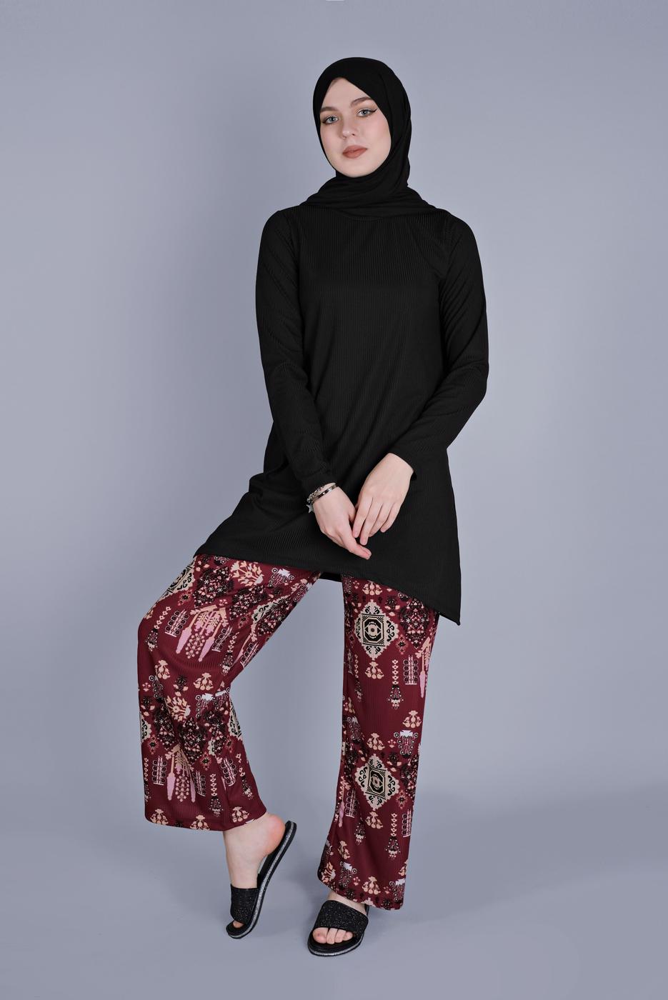 Tesettür giyim BORDO ETNİK DESENLİ PANTOLONLU TAKIM 9076 