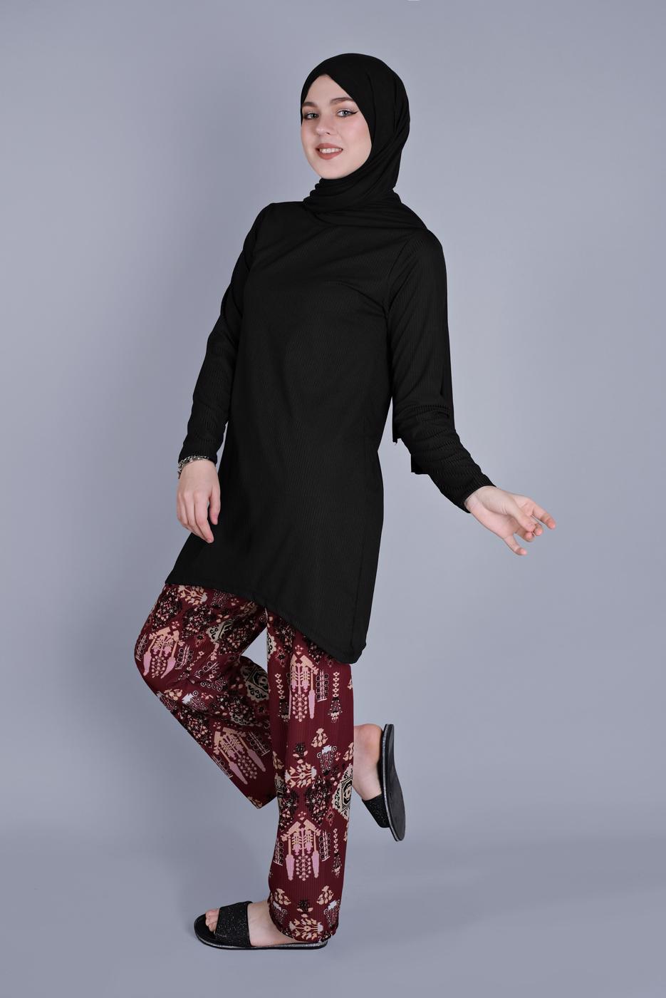 Tesettür giyim BORDO ETNİK DESENLİ PANTOLONLU TAKIM 9076 
