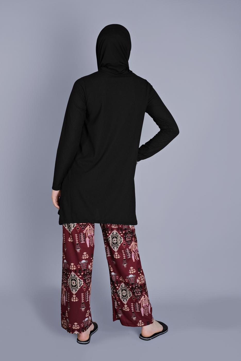Tesettür giyim BORDO ETNİK DESENLİ PANTOLONLU TAKIM 9076 