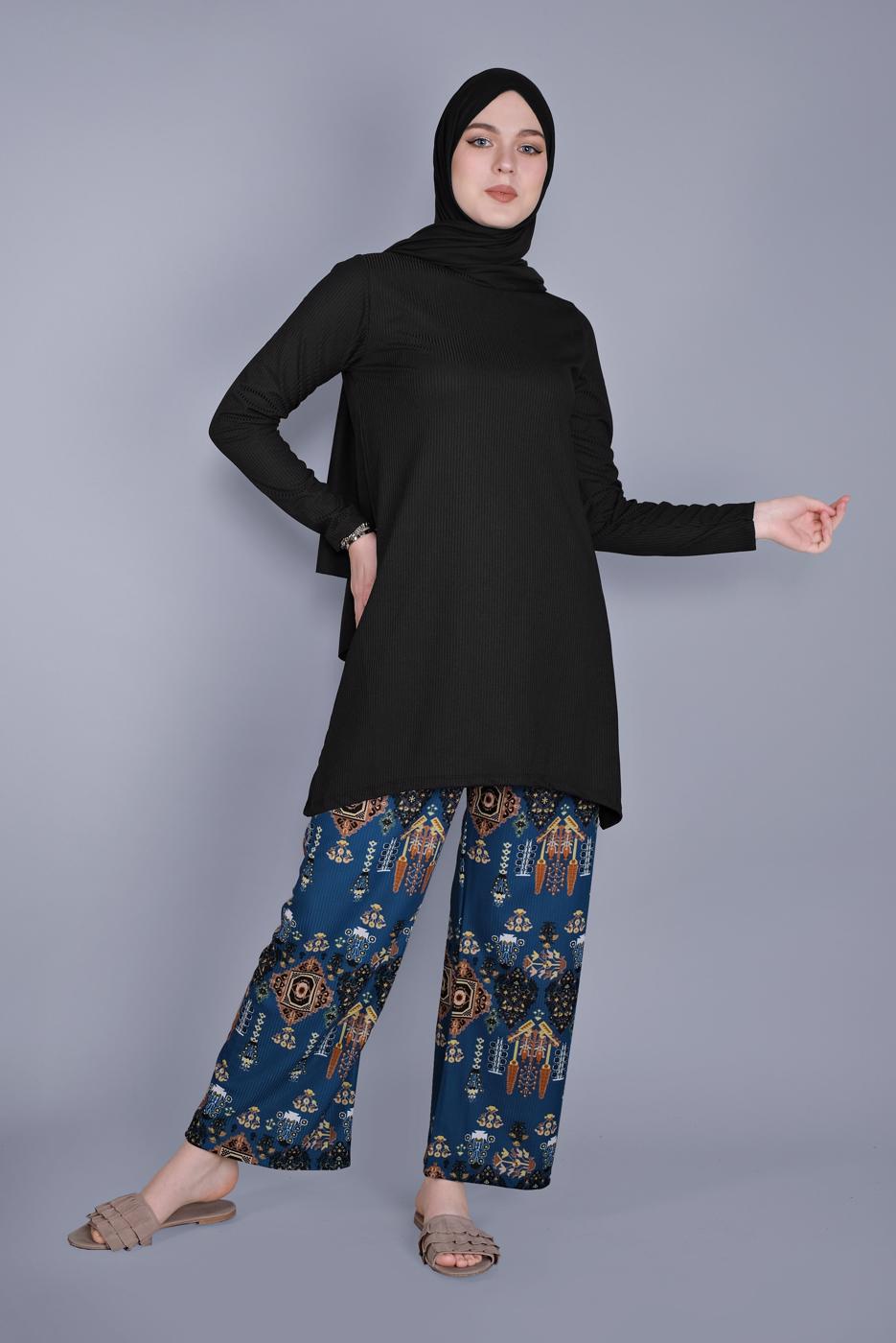 Tesettür giyim LACİVERT ETNİK DESENLİ PANTOLONLU TAKIM 9076 