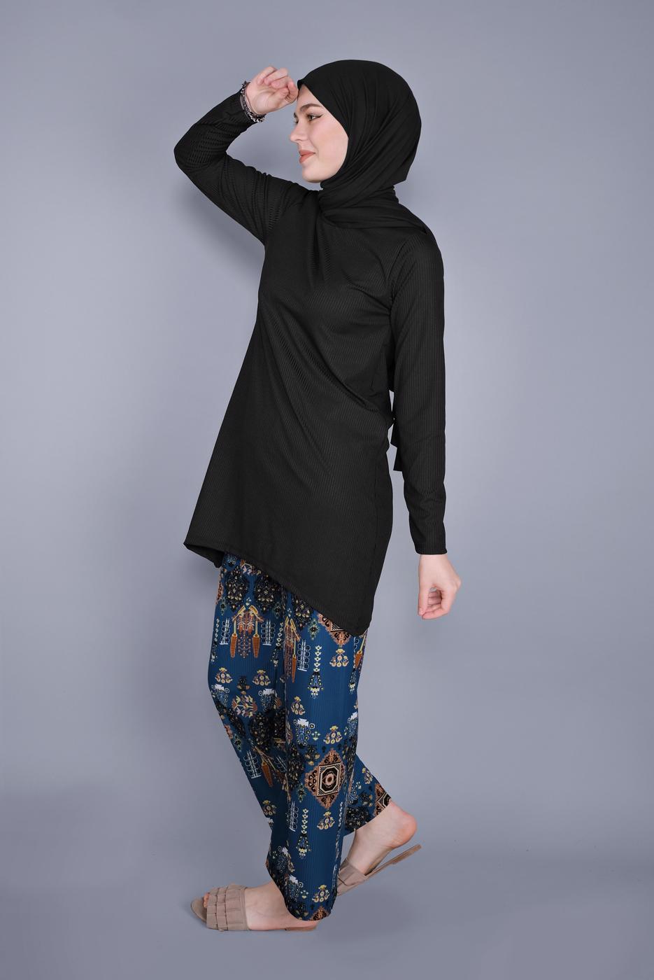 Tesettür giyim LACİVERT ETNİK DESENLİ PANTOLONLU TAKIM 9076 