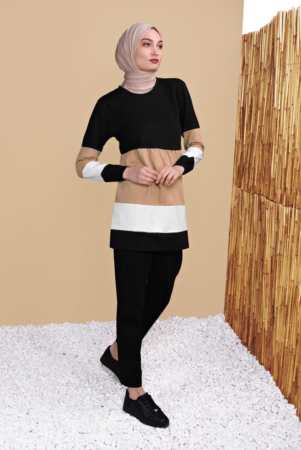 Tesettür giyim SİYAH ÜÇ RENK PANTOLONLU EŞOFMAN TAKIM 9355  - TRENDTESETTÜR