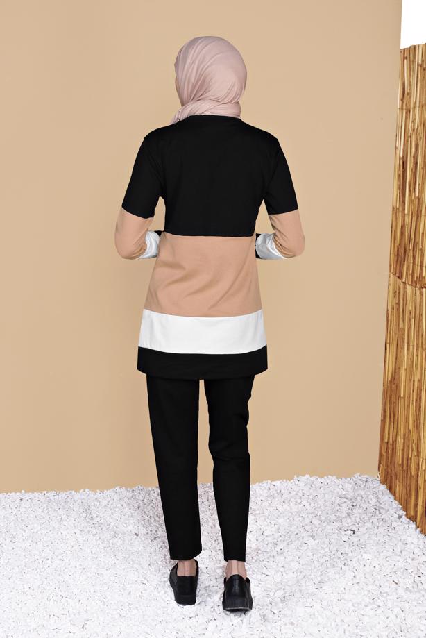 Tesettür giyim SİYAH ÜÇ RENK PANTOLONLU EŞOFMAN TAKIM 9355  - TRENDTESETTÜR