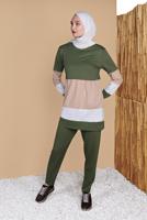 Tesettür giyim HAKİ ÜÇ RENK PANTOLONLU EŞOFMAN TAKIM 9355 