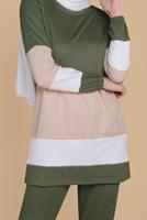 Tesettür giyim HAKİ ÜÇ RENK PANTOLONLU EŞOFMAN TAKIM 9355 