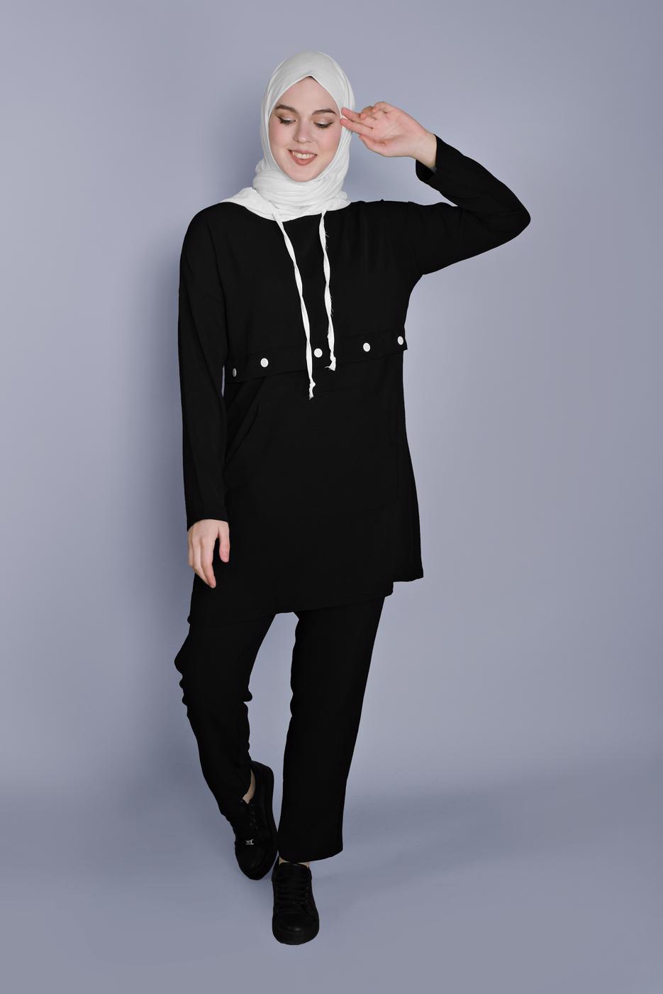 Tesettür giyim SİYAH BAĞCIKLI KAPÜŞONLU PANTOLONLU TAKIM  9366 