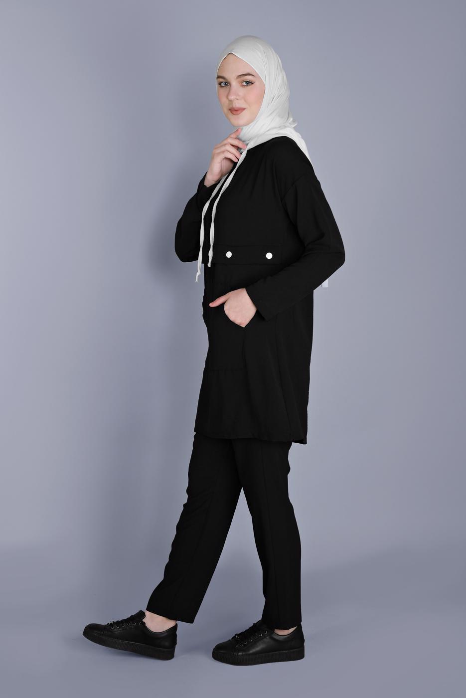 Tesettür giyim SİYAH BAĞCIKLI KAPÜŞONLU PANTOLONLU TAKIM  9366 