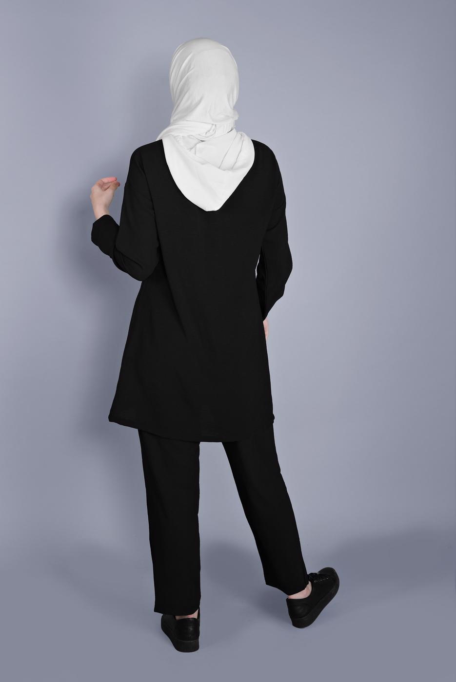 Tesettür giyim SİYAH BAĞCIKLI KAPÜŞONLU PANTOLONLU TAKIM  9366 
