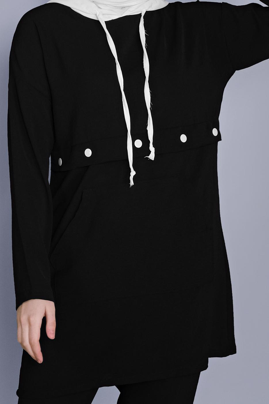 Tesettür giyim SİYAH BAĞCIKLI KAPÜŞONLU PANTOLONLU TAKIM  9366 