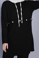 Tesettür giyim SİYAH BAĞCIKLI KAPÜŞONLU PANTOLONLU TAKIM  9366 