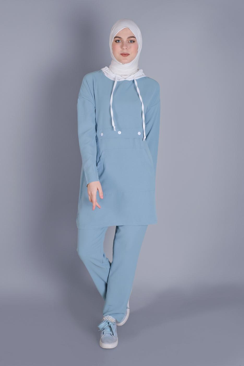 Tesettür giyim MAVİ BAĞCIKLI KAPÜŞONLU PANTOLONLU TAKIM  9366 