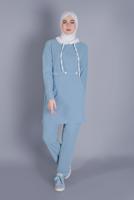Tesettür giyim MAVİ BAĞCIKLI KAPÜŞONLU PANTOLONLU TAKIM  9366 