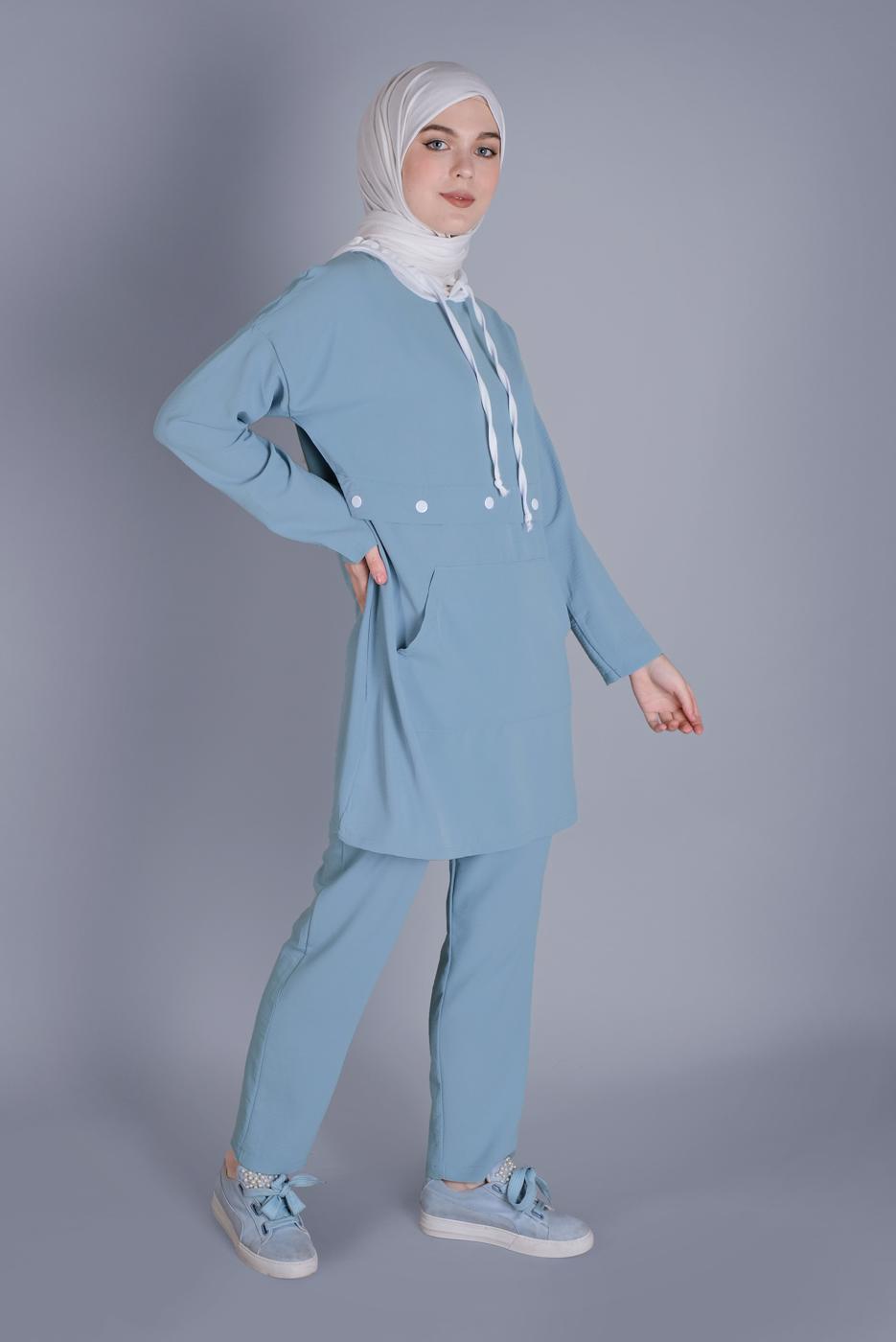 Tesettür giyim MAVİ BAĞCIKLI KAPÜŞONLU PANTOLONLU TAKIM  9366 