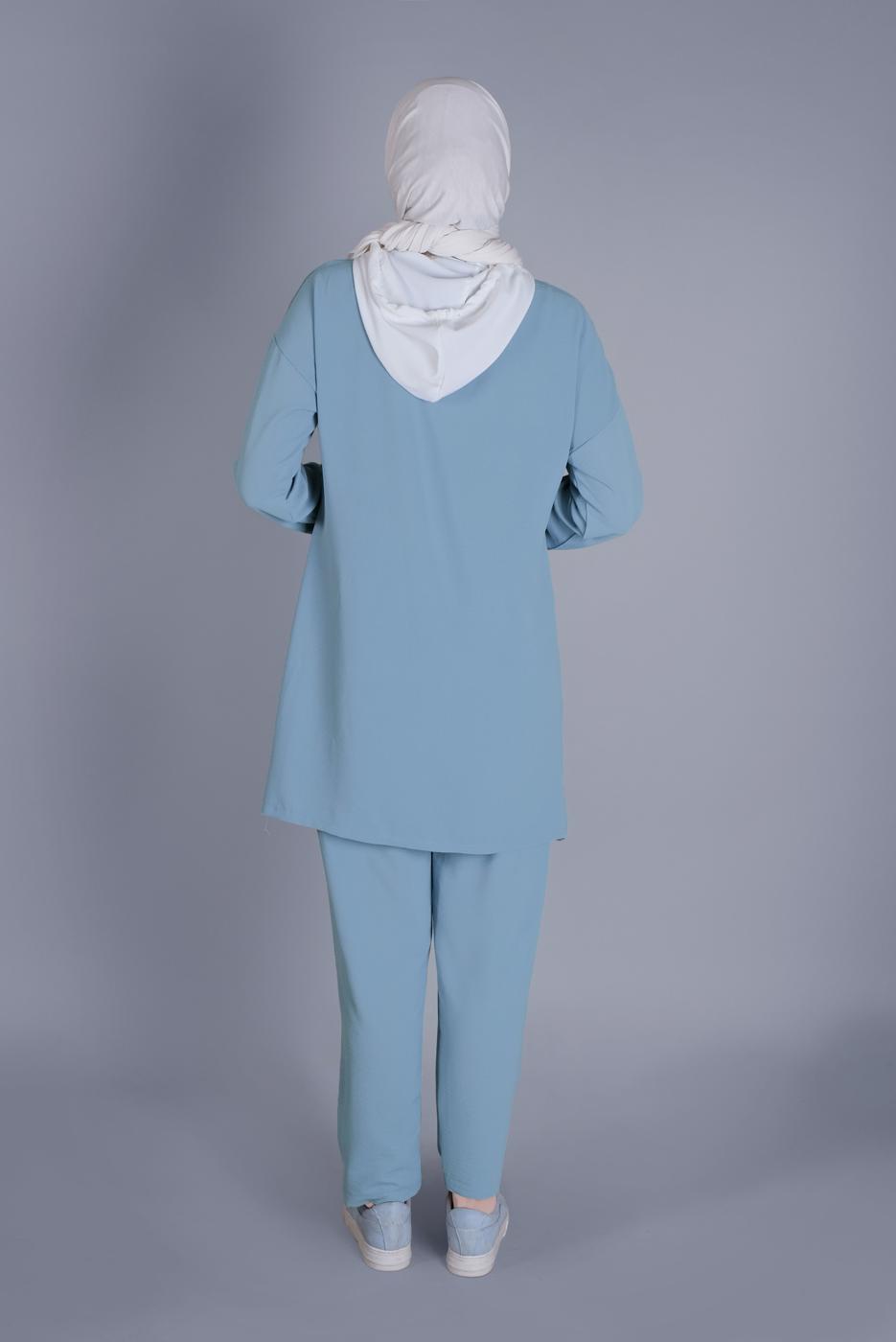 Tesettür giyim MAVİ BAĞCIKLI KAPÜŞONLU PANTOLONLU TAKIM  9366 