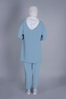 Tesettür giyim MAVİ BAĞCIKLI KAPÜŞONLU PANTOLONLU TAKIM  9366 