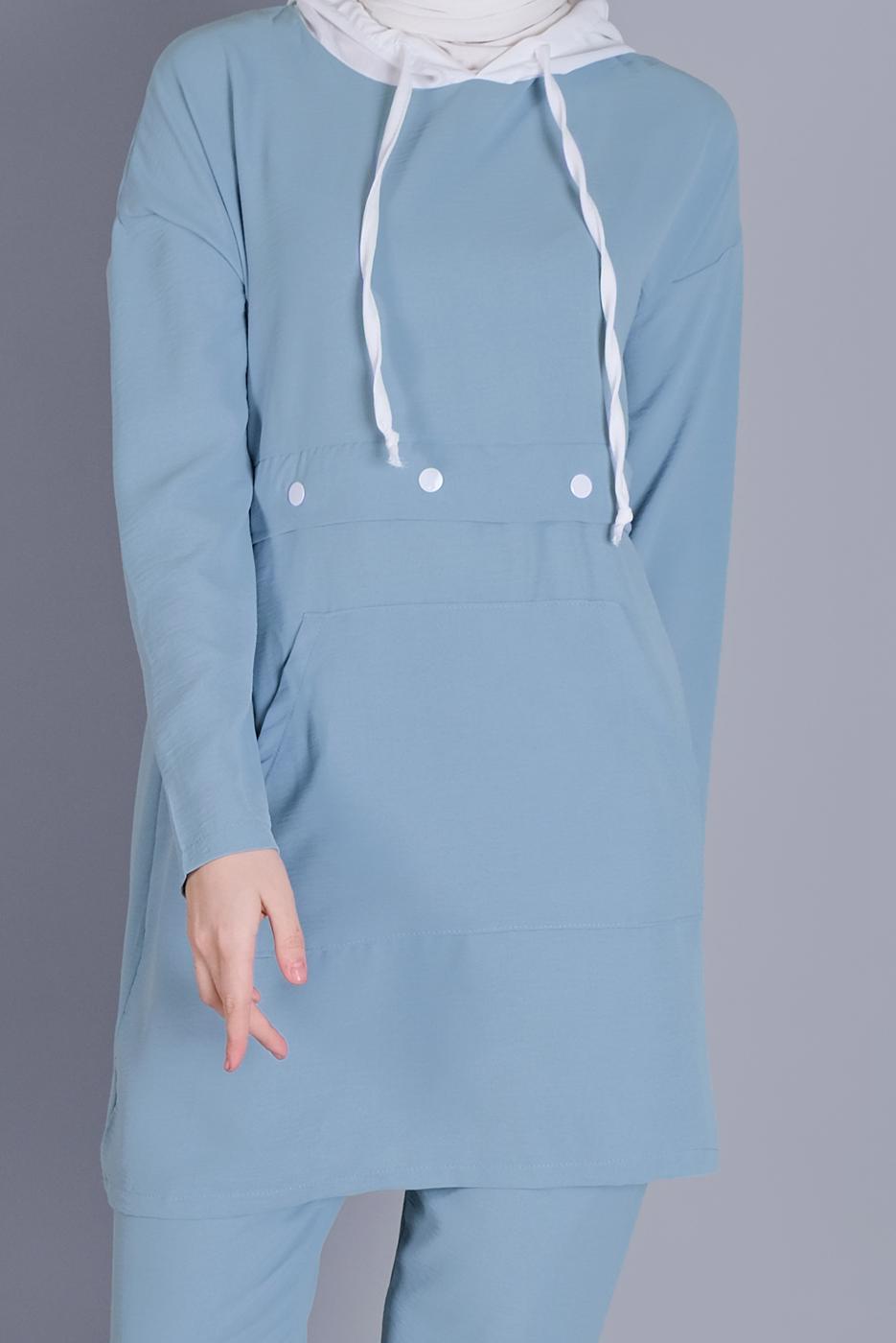 Tesettür giyim MAVİ BAĞCIKLI KAPÜŞONLU PANTOLONLU TAKIM  9366 