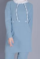 Tesettür giyim MAVİ BAĞCIKLI KAPÜŞONLU PANTOLONLU TAKIM  9366 