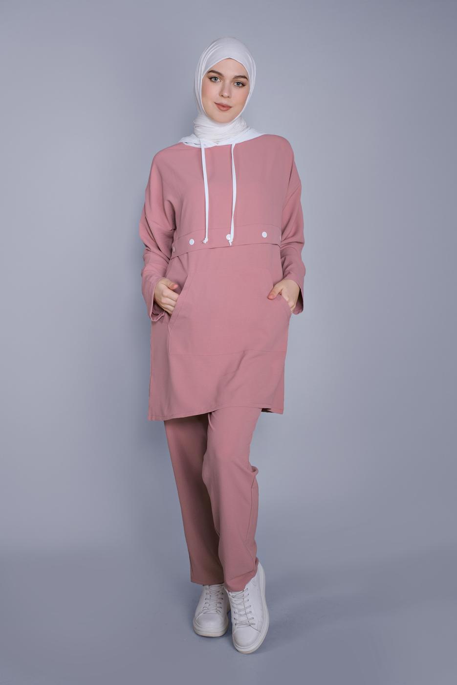 Tesettür giyim PUDRA BAĞCIKLI KAPÜŞONLU PANTOLONLU TAKIM  9366 