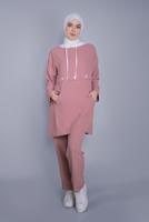Tesettür giyim PUDRA BAĞCIKLI KAPÜŞONLU PANTOLONLU TAKIM  9366 