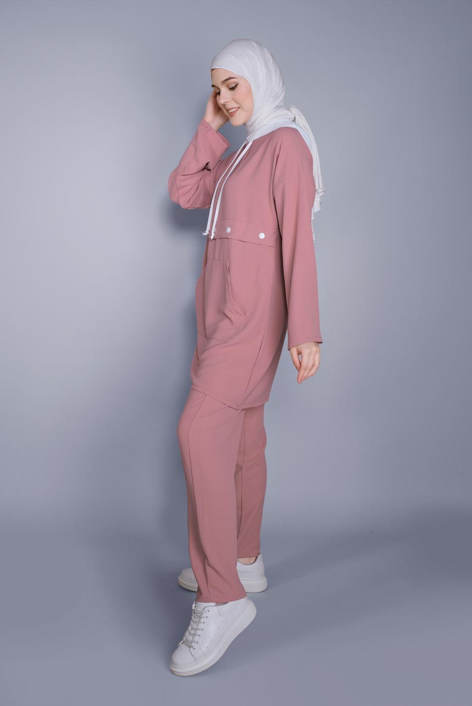 Tesettür giyim PUDRA BAĞCIKLI KAPÜŞONLU PANTOLONLU TAKIM  9366 