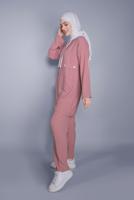 Tesettür giyim PUDRA BAĞCIKLI KAPÜŞONLU PANTOLONLU TAKIM  9366 