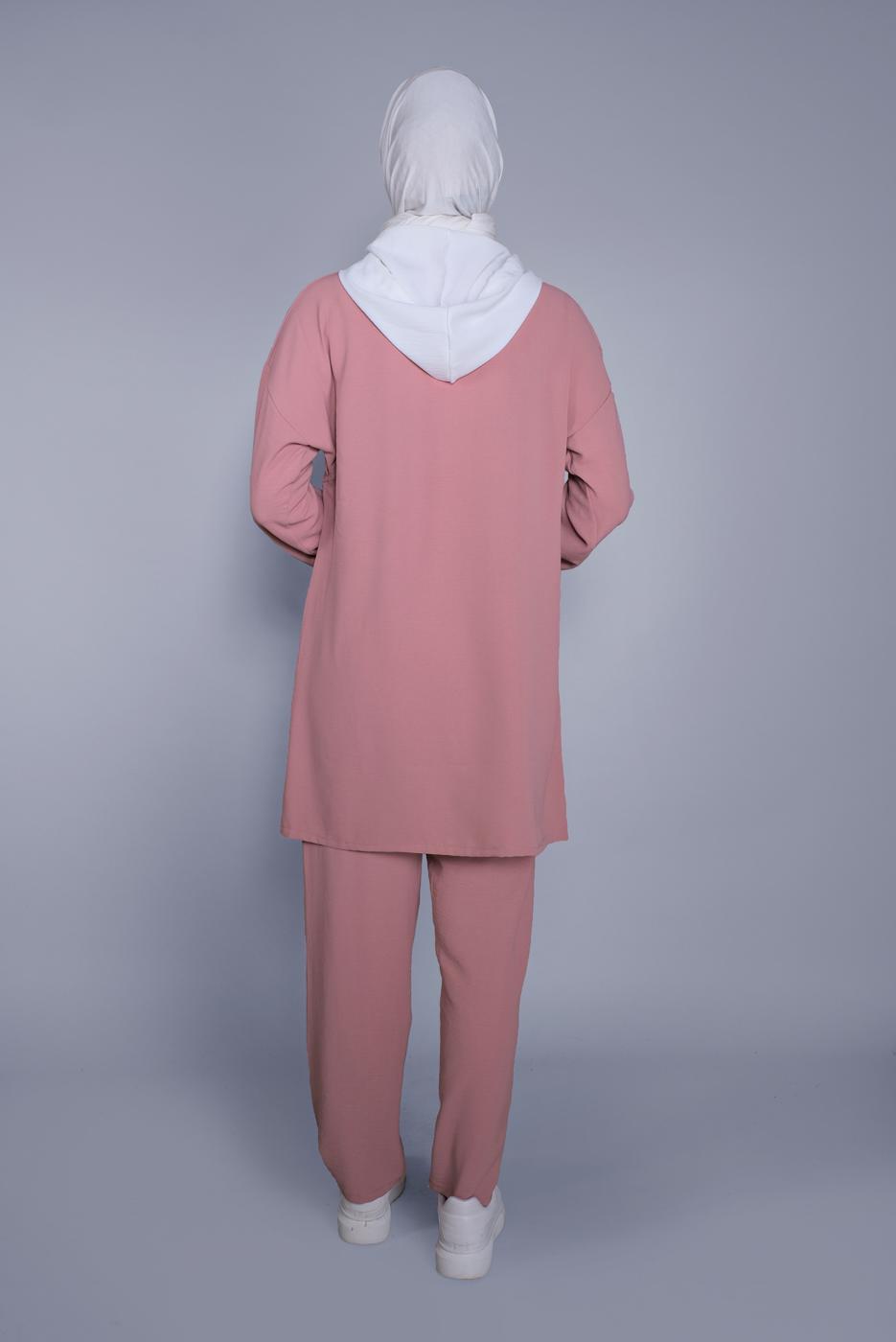Tesettür giyim PUDRA BAĞCIKLI KAPÜŞONLU PANTOLONLU TAKIM  9366 