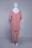 Tesettür giyim PUDRA BAĞCIKLI KAPÜŞONLU PANTOLONLU TAKIM  9366 