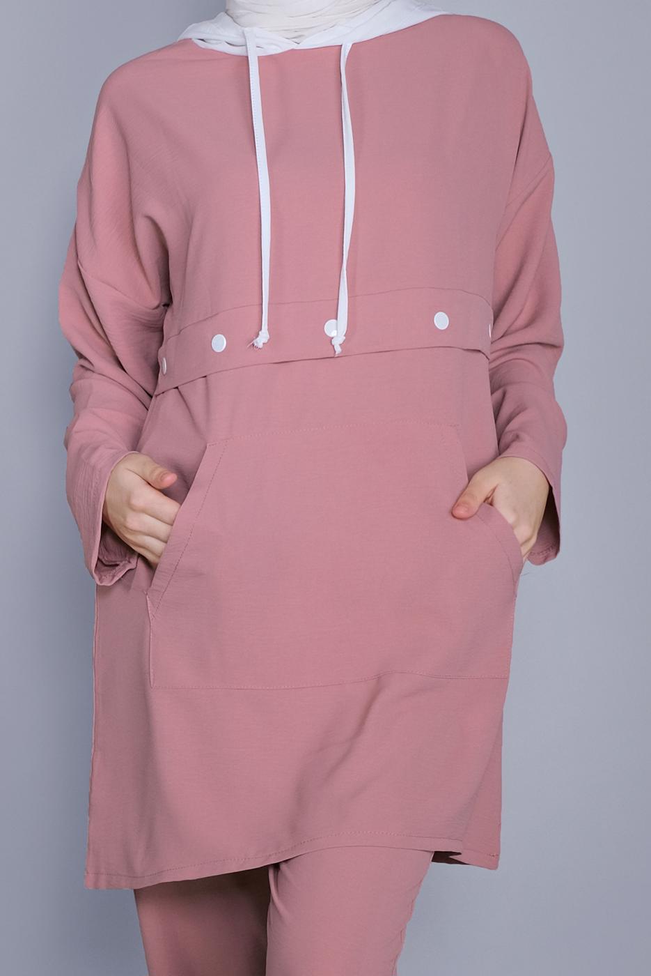 Tesettür giyim PUDRA BAĞCIKLI KAPÜŞONLU PANTOLONLU TAKIM  9366 