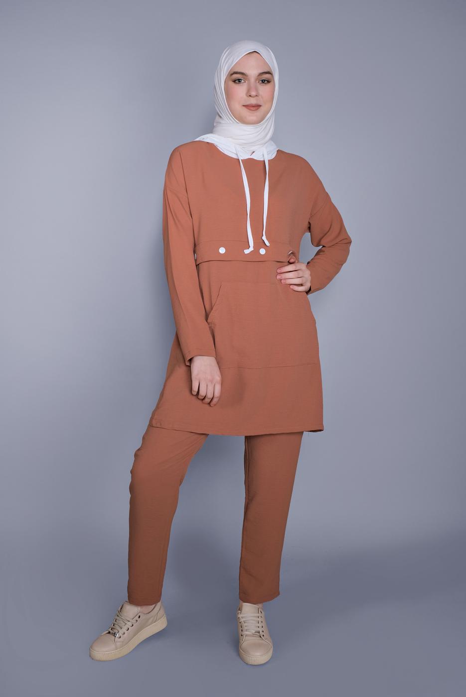 Tesettür giyim TABA BAĞCIKLI KAPÜŞONLU PANTOLONLU TAKIM  9366 