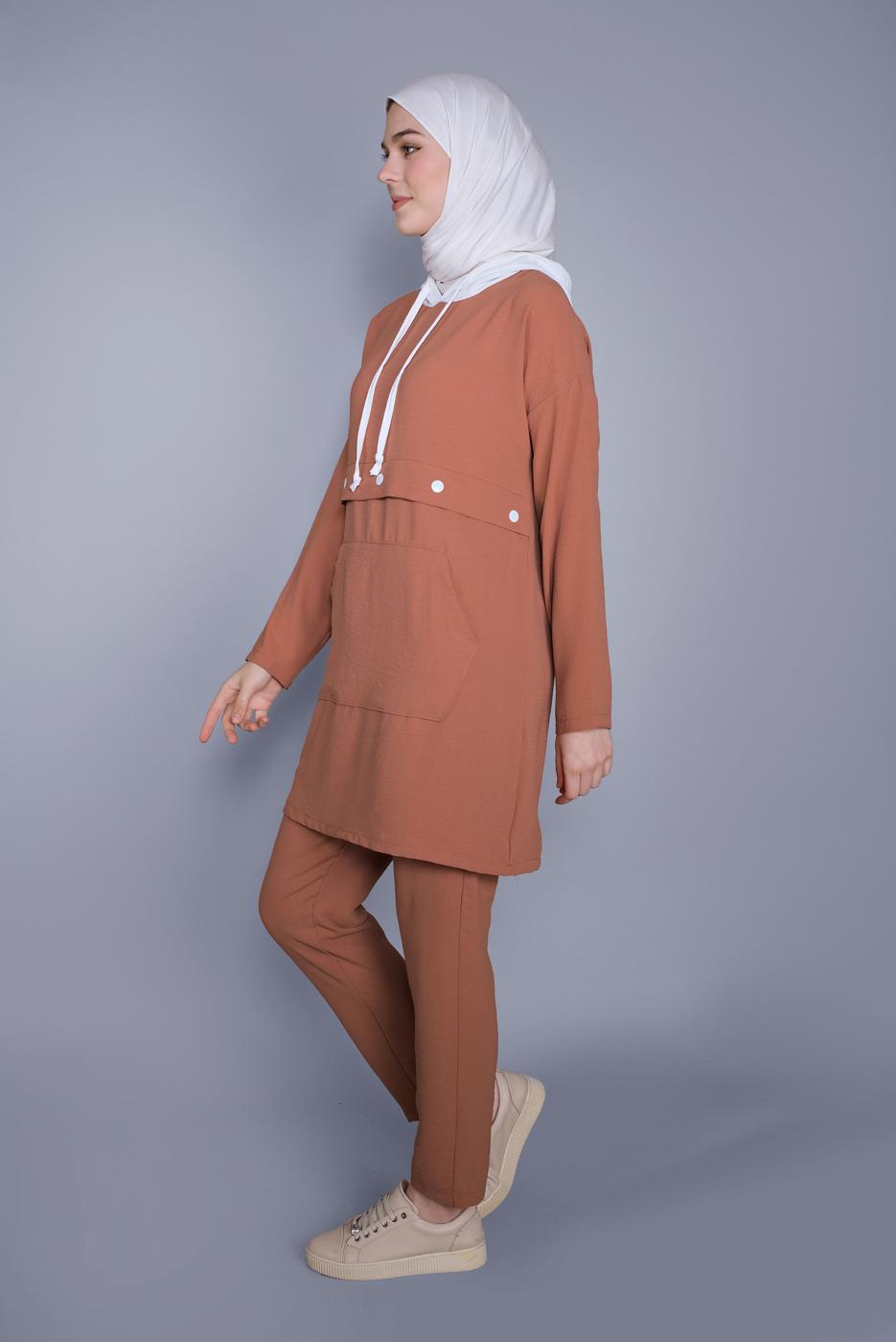 Tesettür giyim TABA BAĞCIKLI KAPÜŞONLU PANTOLONLU TAKIM  9366 