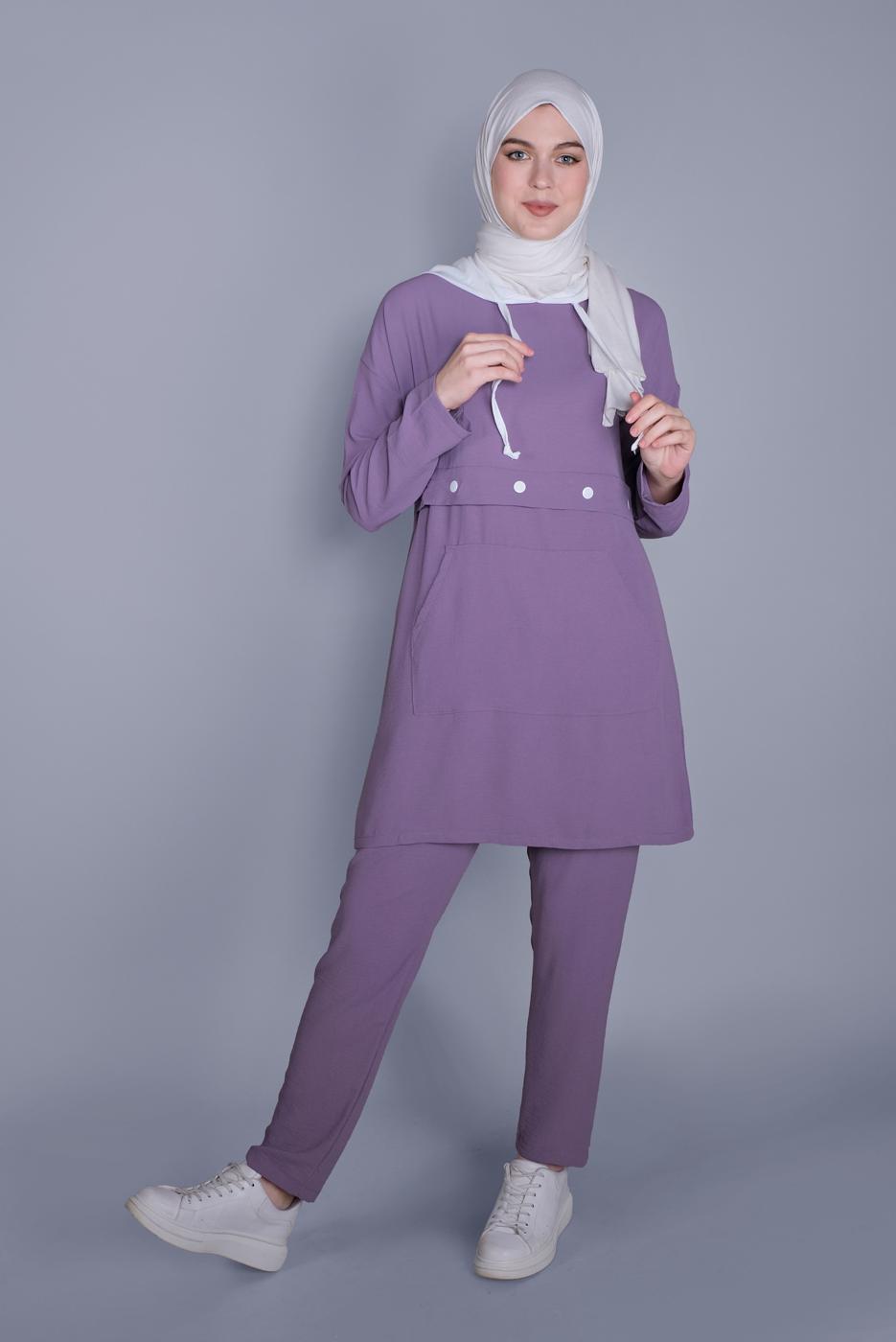 Tesettür giyim MOR BAĞCIKLI KAPÜŞONLU PANTOLONLU TAKIM  9366 
