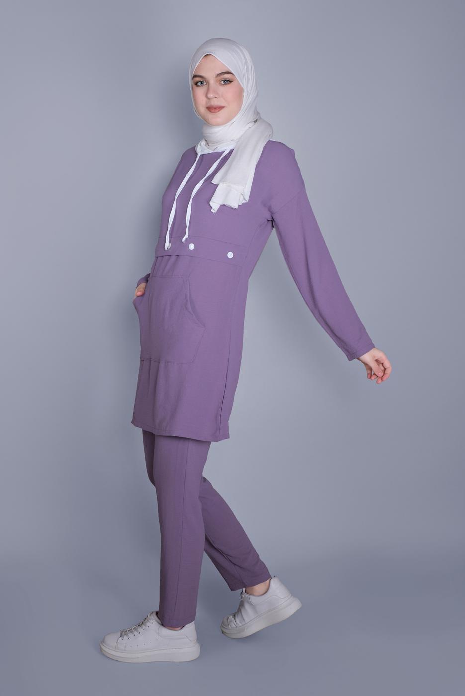 Tesettür giyim MOR BAĞCIKLI KAPÜŞONLU PANTOLONLU TAKIM  9366 