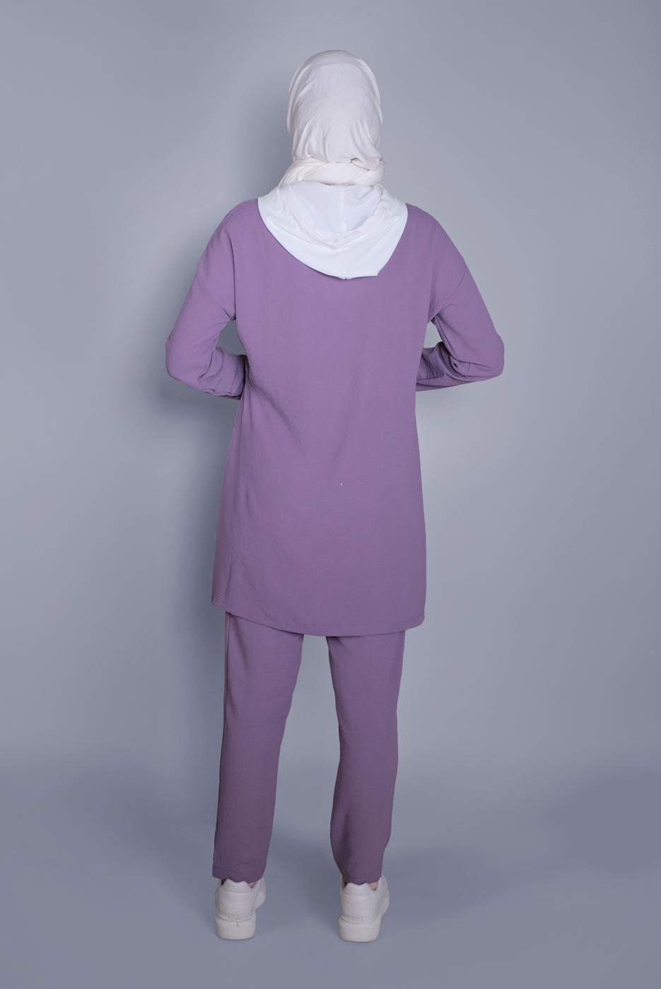 Tesettür giyim MOR BAĞCIKLI KAPÜŞONLU PANTOLONLU TAKIM  9366 