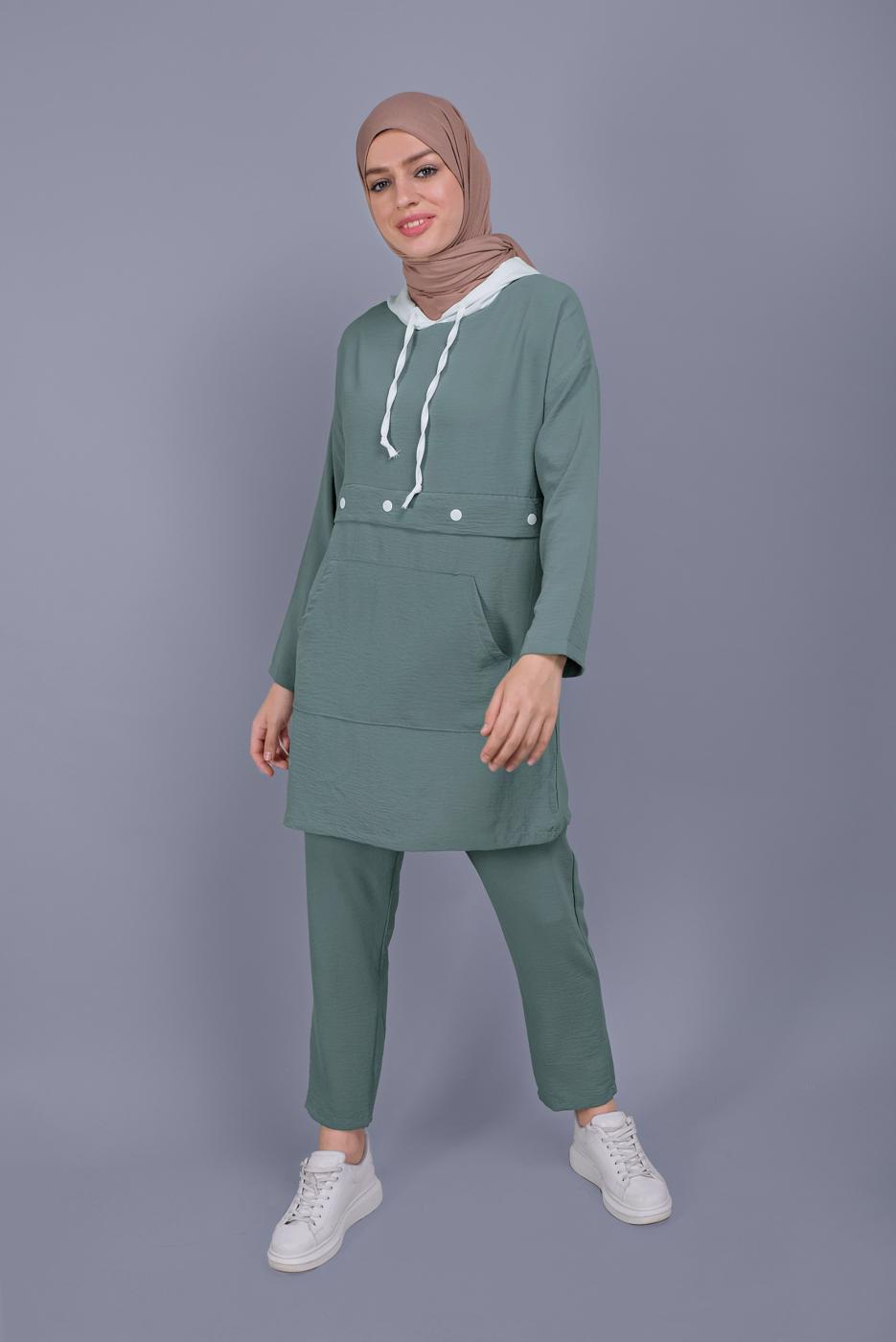 Tesettür giyim YEŞİL BAĞCIKLI KAPÜŞONLU PANTOLONLU TAKIM  9366 
