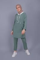 Tesettür giyim YEŞİL BAĞCIKLI KAPÜŞONLU PANTOLONLU TAKIM  9366 