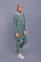 Tesettür giyim YEŞİL BAĞCIKLI KAPÜŞONLU PANTOLONLU TAKIM  9366 