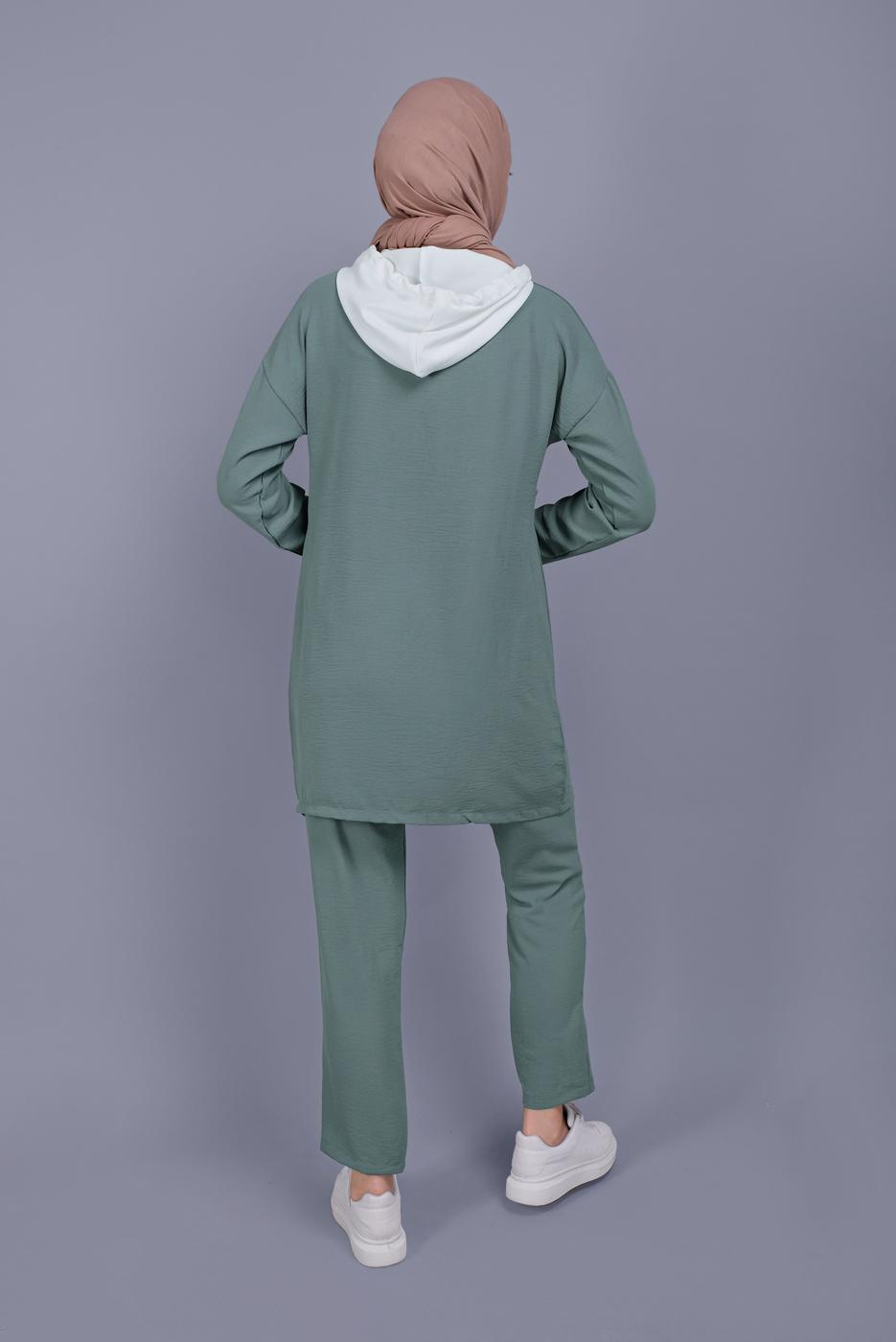 Tesettür giyim YEŞİL BAĞCIKLI KAPÜŞONLU PANTOLONLU TAKIM  9366 