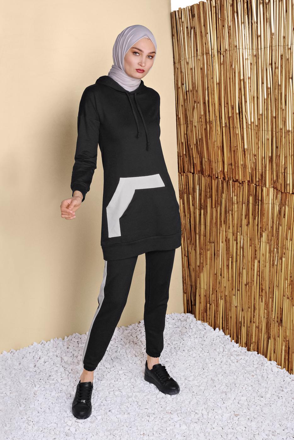 Tesettür giyim SİYAH CEPLİ ŞERİT DETAYLI İKİLİ PANTOLONLU EŞOFMAN TAKIMI 9455