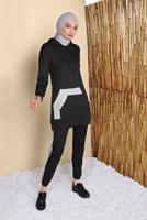 Tesettür giyim SİYAH CEPLİ ŞERİT DETAYLI İKİLİ PANTOLONLU EŞOFMAN TAKIMI 9455