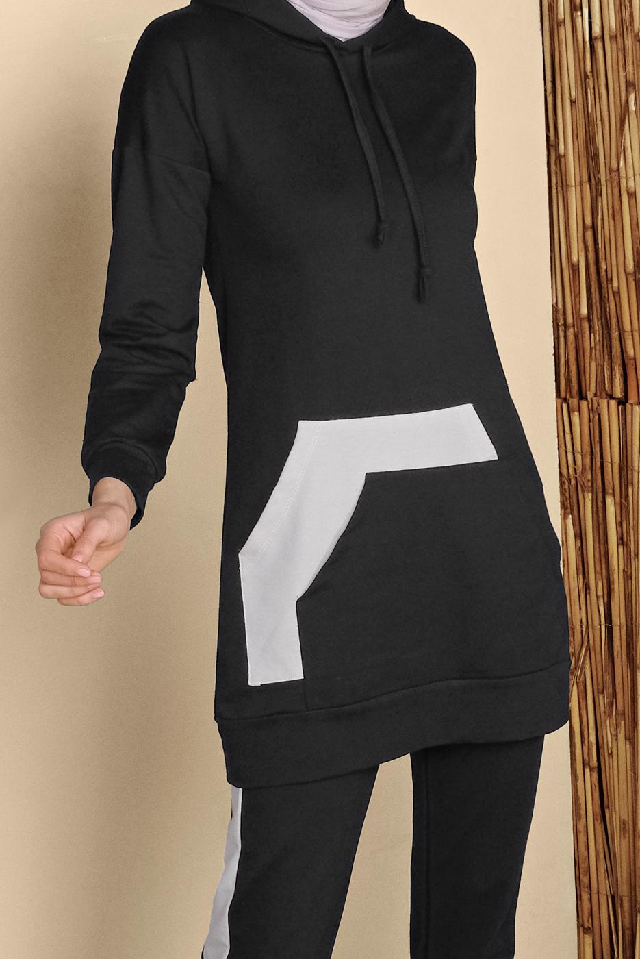 Tesettür giyim SİYAH CEPLİ ŞERİT DETAYLI İKİLİ PANTOLONLU EŞOFMAN TAKIMI 9455