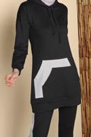 Tesettür giyim SİYAH CEPLİ ŞERİT DETAYLI İKİLİ PANTOLONLU EŞOFMAN TAKIMI 9455