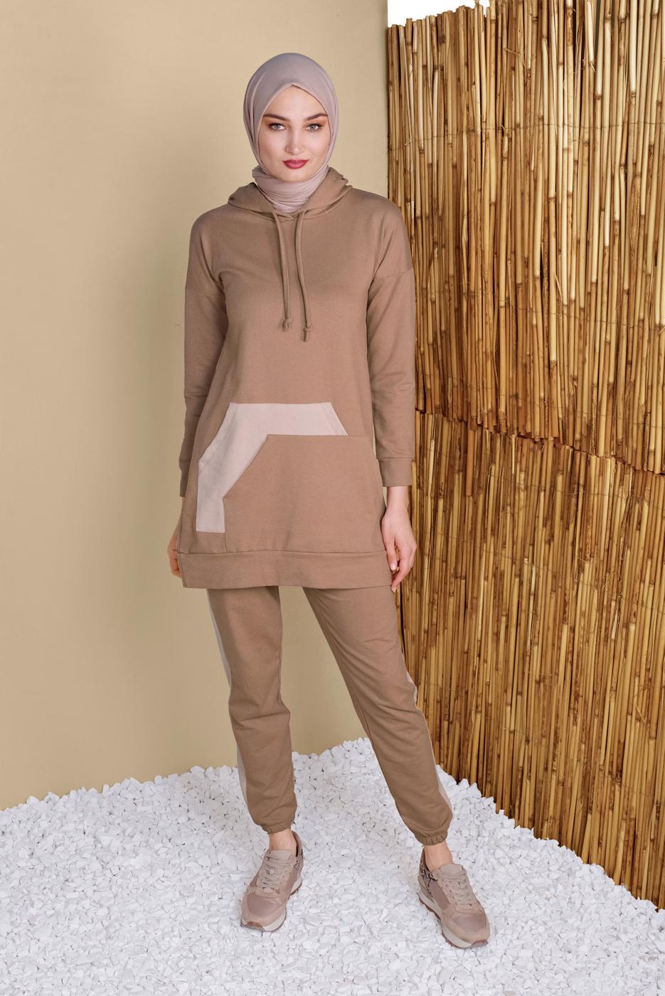 Tesettür giyim KAHVE CEPLİ ŞERİT DETAYLI İKİLİ PANTOLONLU EŞOFMAN TAKIMI 9455
