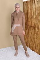 Tesettür giyim KAHVE CEPLİ ŞERİT DETAYLI İKİLİ PANTOLONLU EŞOFMAN TAKIMI 9455