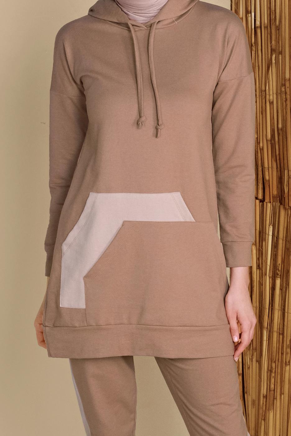 Tesettür giyim KAHVE CEPLİ ŞERİT DETAYLI İKİLİ PANTOLONLU EŞOFMAN TAKIMI 9455