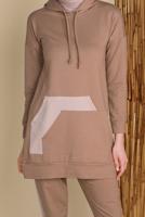 Tesettür giyim KAHVE CEPLİ ŞERİT DETAYLI İKİLİ PANTOLONLU EŞOFMAN TAKIMI 9455