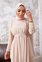 Tesettür giyim BEJ ŞİFON TÜL DETAYLI KUŞAKLI İKİLİ PANTOLONLU TAKIM 9610 