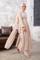 Tesettür giyim BEJ ŞİFON TÜL DETAYLI KUŞAKLI İKİLİ PANTOLONLU TAKIM 9610 