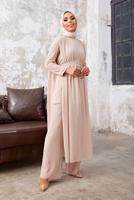 Tesettür giyim BEJ ŞİFON TÜL DETAYLI KUŞAKLI İKİLİ PANTOLONLU TAKIM 9610 