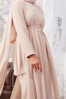 Tesettür giyim BEJ ŞİFON TÜL DETAYLI KUŞAKLI İKİLİ PANTOLONLU TAKIM 9610 