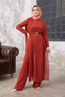 Vêtements hijab BRUN COSTUME PANTALON 2 PIÈCES EN MOUSSELINE AVEC DENTELLE 9610